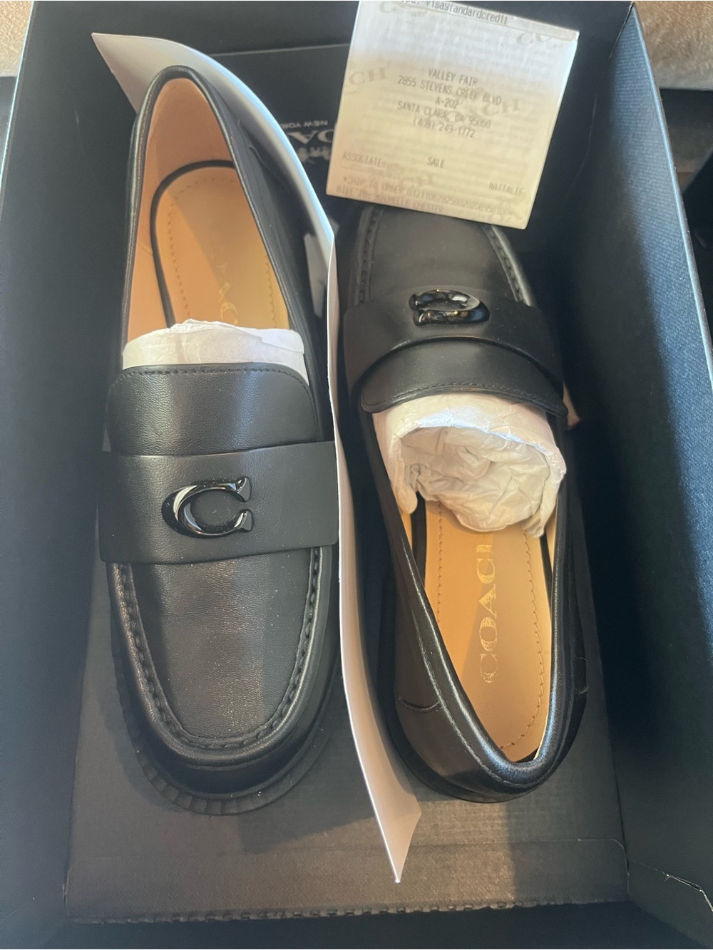 Coach Black Leather Slip-On Penny Loafers with Signature C Emblem